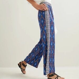 Anthropologie Blue Aztec Patterned Wide Leg Pull-On Pants with Side Stripe